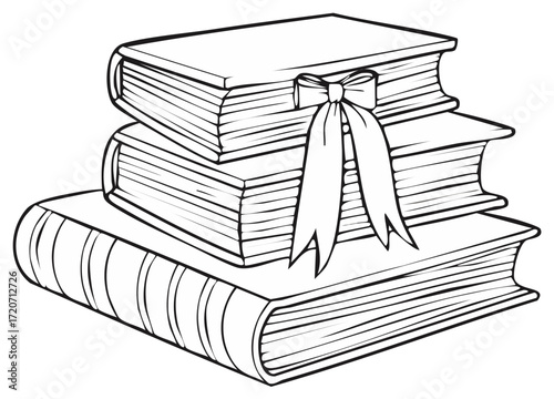 Stack of Hand-Drawn Books with Ribbon, Education and Knowledge Concept, Detailed Line Art
