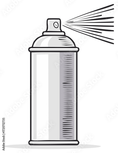 Illustrated gray spray can emitting a forceful stream of mist or paint digitally rendered