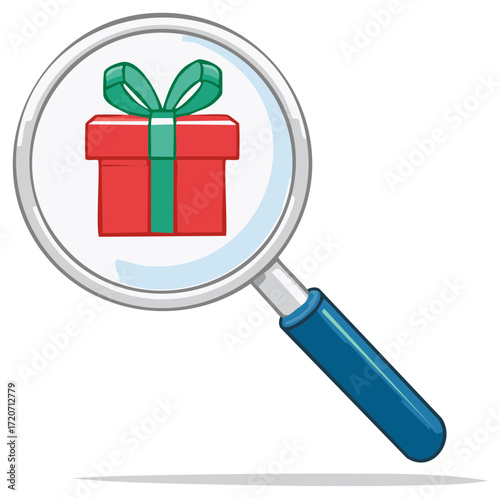 Magnifying glass looking at a gift box with green bow, vector illustration
