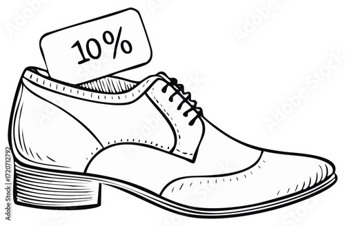 Stylish men's leather shoe with a ten percent off tag, hand-drawn fashion sale line art.