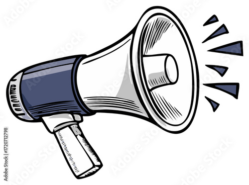 Hand-drawn illustration of a megaphone with sound waves, announcing a message.