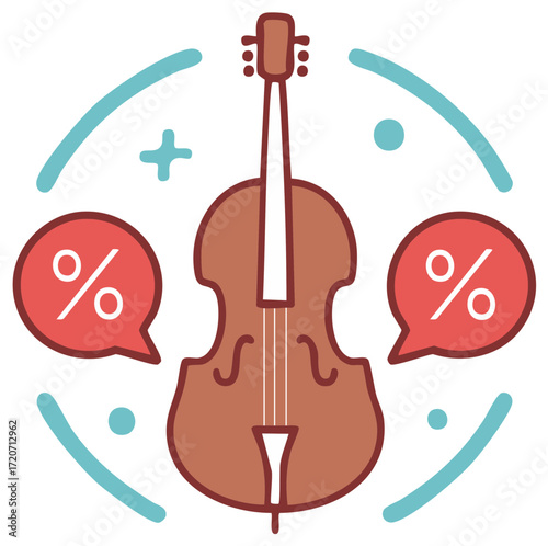 Vector icon of a cello with percent signs for a music store sale or promotional discount