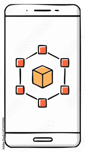 Smartphone screen illustrating a blockchain or data network with a central block and connected nodes