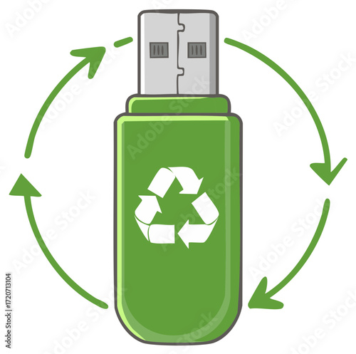 Cartoon illustration of a green USB flash drive with recycling logo for e-waste and sustainability concepts.