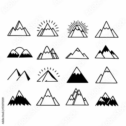 Collection of hand drawn mountain icons representing diverse peaks and landscapes with a simple outline style and some filled in black for contrast and visual appeal