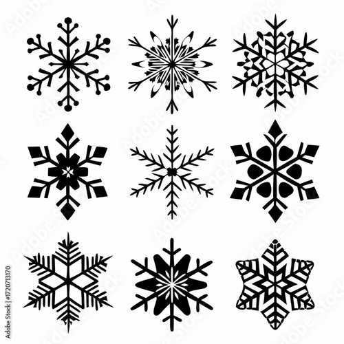 Collection of nine distinct black snowflake silhouettes arranged in a three by three grid against a clean white background representing winter and cold weather