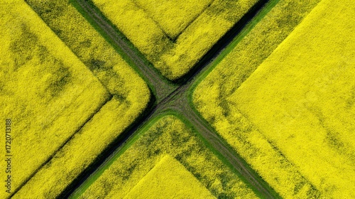 Aerial view of vibrant yellow canola fields intersected by a dark road forming an x shape