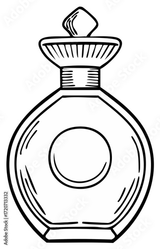 Elegant perfume bottle, artistic design in black and white, for fragrance and beauty products.