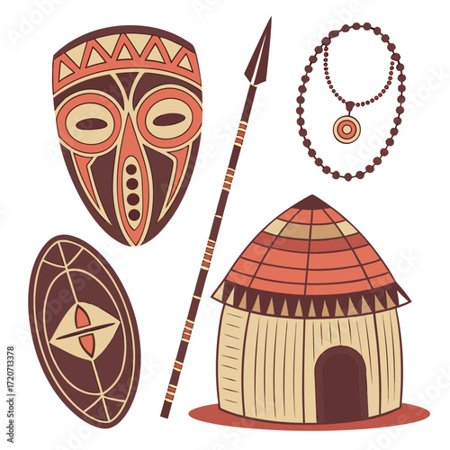 Collection of stylized african tribal elements including a mask a shield a spear a necklace and a hut in warm earthy tones against a white background