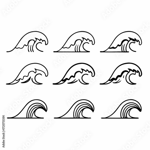 Collection of stylized black and white line art wave icons representing different ocean water movement and cresting crests for design elements and nautical themes