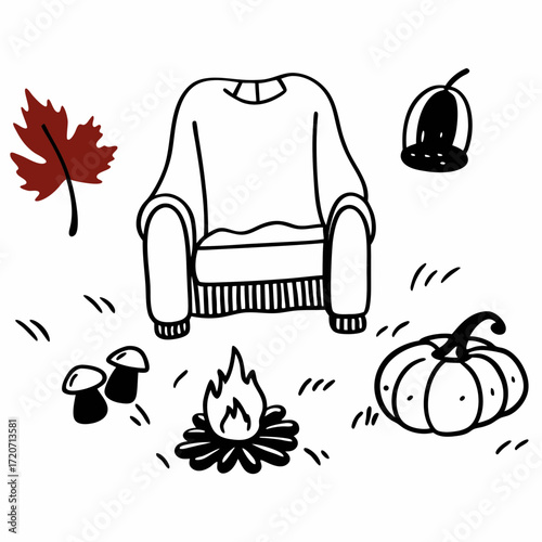 Cozy autumn scene with a comfortable armchair crackling campfire ripe pumpkin red maple leaf and woodland mushrooms evoking a warm and inviting fall atmosphere