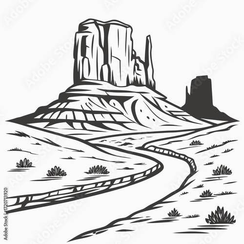 Iconic monument valley landscape with a winding road leading towards towering sandstone buttes under a vast empty sky evoking a sense of adventure and the american west