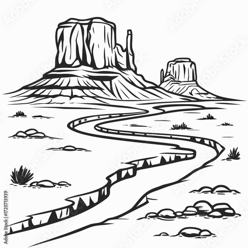 Iconic monument valley landscape with a winding road leading through the desert toward majestic sandstone buttes under a clear sky in a stylized black and white illustration