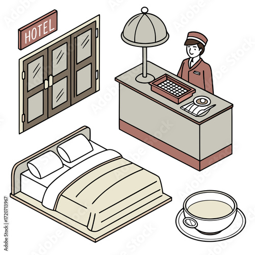Isometric illustration of a hotel scene featuring a bed reception desk with a smiling attendant hotel entrance doors and a cup of coffee perfect for hospitality and travel concepts