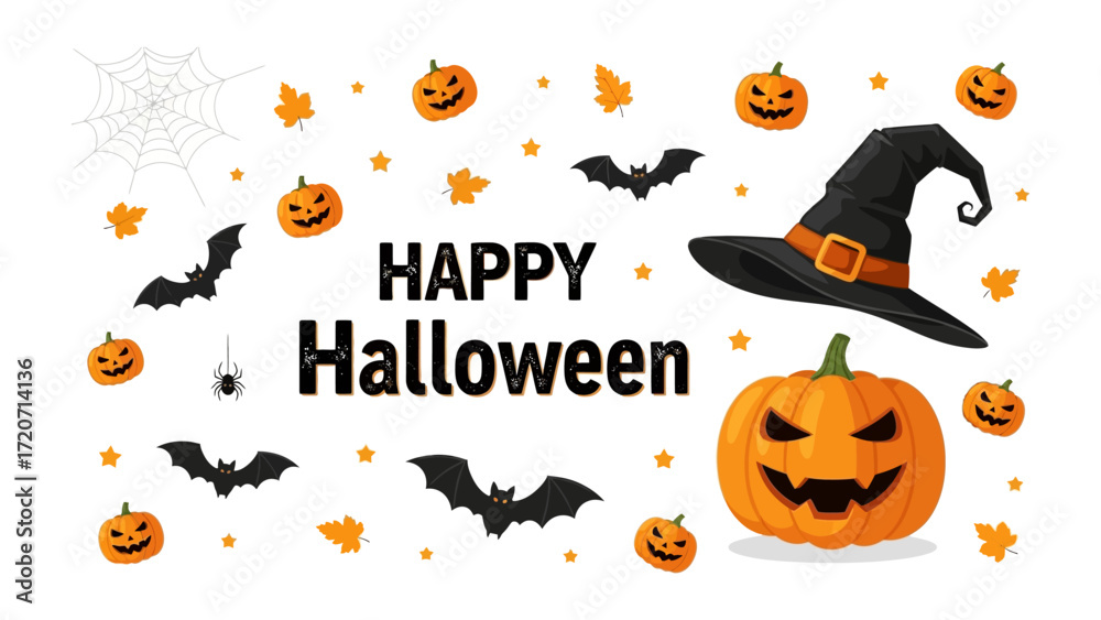 Fototapeta premium Halloween Imagery: Spooky bats, carved pumpkins, witch's hat, and spiderweb create the perfect festive mood for Halloween, evoking a sense of fun and frightful celebration.