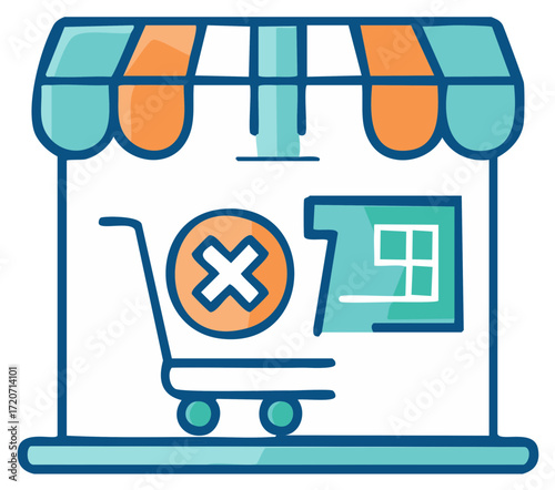 Shopping cart with a large cross sign indicating decline and a closed storefront symbol