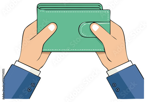 Man's hands holding a green wallet with a snap closure and stitched detail