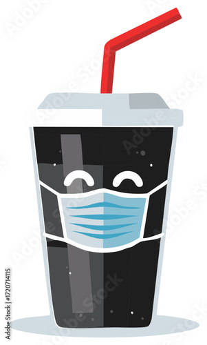 Soda Drink Character Wearing Protective Mask and Straw Promoting Safety and Hygiene