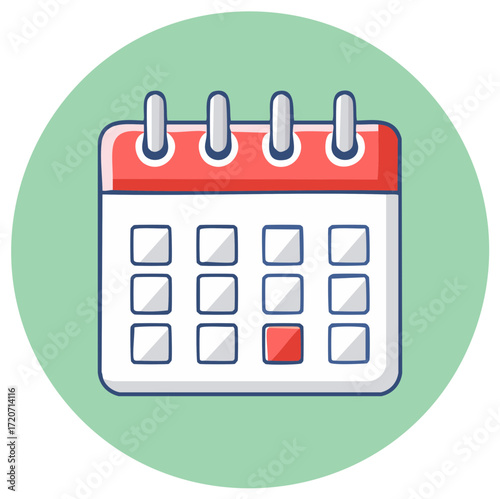 Cartoon calendar icon with important date circle on green background