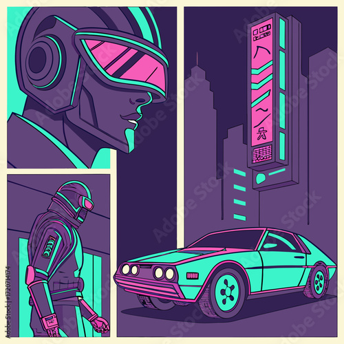 Retrofuturistic cyberpunk character in a helmet and futuristic suit stands next to a classic sports car in a neon lit city at night with a japanese sign