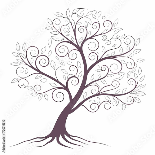 Stylized elegant tree with swirling branches and delicate leaves representing nature growth and organic design on a clean white background