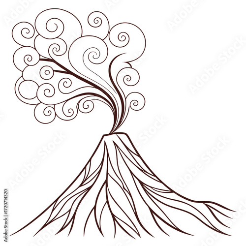 Stylized illustration of a volcano erupting with swirling smoke and stylized roots extending from its base presented in a simple line art design