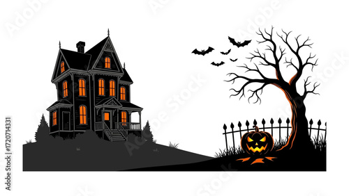 Spooky Night: Silhouette of an eerie, old house surrounded by Halloween icons, capturing a festive, spooky atmosphere.