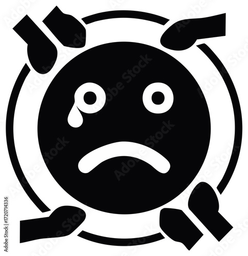 Sad Emoji Surrounded by Hands Symbolizing Bullying, Negativity, and Isolation