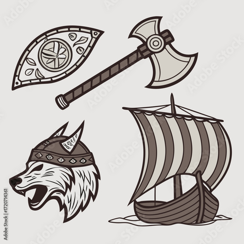Stylized viking symbols including a wolf head with a horned helmet a battle axe a longship sailing on the sea and a decorative shield all in a muted color palette