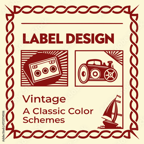 Vintage label design featuring retro cassette tape old fashioned car and sailboat with classic color schemes and decorative border