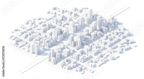 Isometric Cityscape with White Modern Buildings and Roads, Representing Urban Development and Architecture in a Minimalist Style on a Clean transparent background.