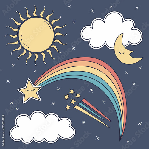 Whimsical celestial scene featuring a smiling crescent moon fluffy clouds a radiant sun a vibrant rainbow arc a shooting star and twinkling stars against a dark blue night sky background