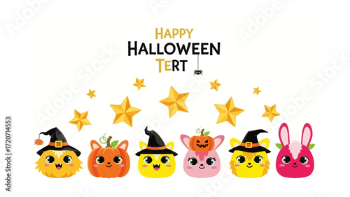 Halloween Characters Decoration: An array of whimsical, cartoonish Halloween characters, featuring cute cats, pumpkins, and a bunny. Adorning the festive scene with golden stars.
