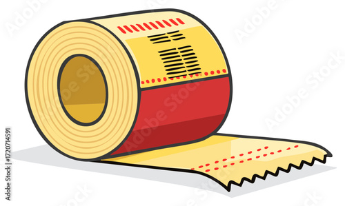 Roll of yellow tape with red accents pulled and unrolled isolated on white
