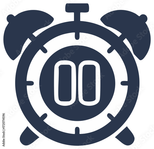 Stylized alarm clock with pause symbol suggesting time management, deadlines, or the need for a temporary halt.