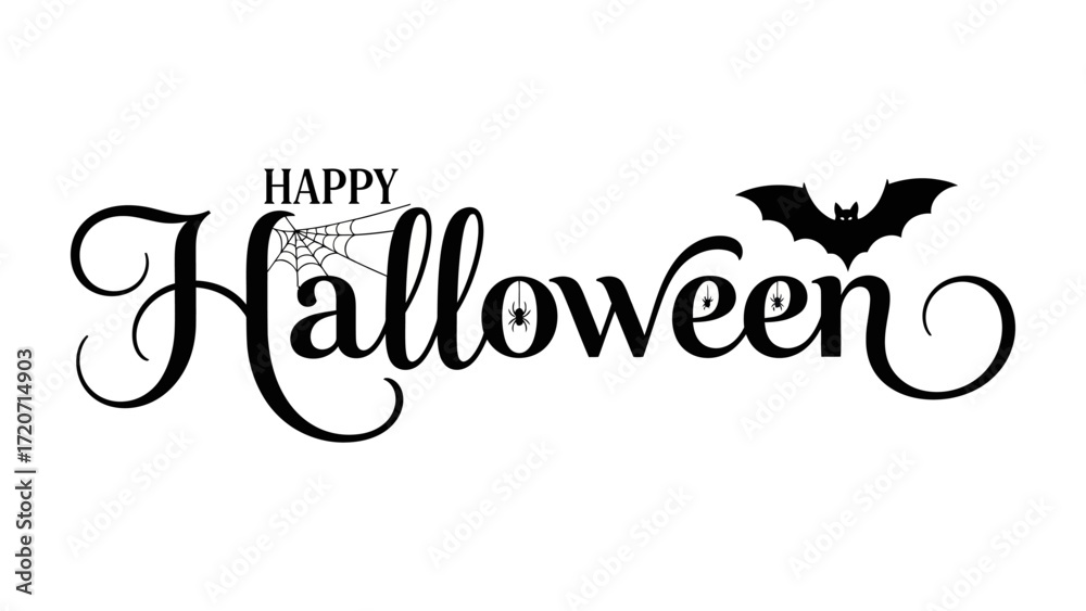 Fototapeta premium Happy Halloween Celebration: An eye-catching design of Happy Halloween, complete with spider web, and bat, evokes a spooky and festive atmosphere, perfect for conveying the essence of the holiday.