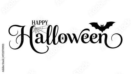 Happy Halloween Celebration: An eye-catching design of Happy Halloween, complete with spider web, and bat, evokes a spooky and festive atmosphere, perfect for conveying the essence of the holiday.