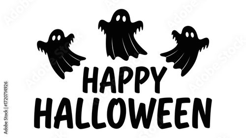 Happy Halloween: A stylized greeting for the spooky season, featuring charming, floating ghosts that spell out the spirit of celebration and eerie thrills. 