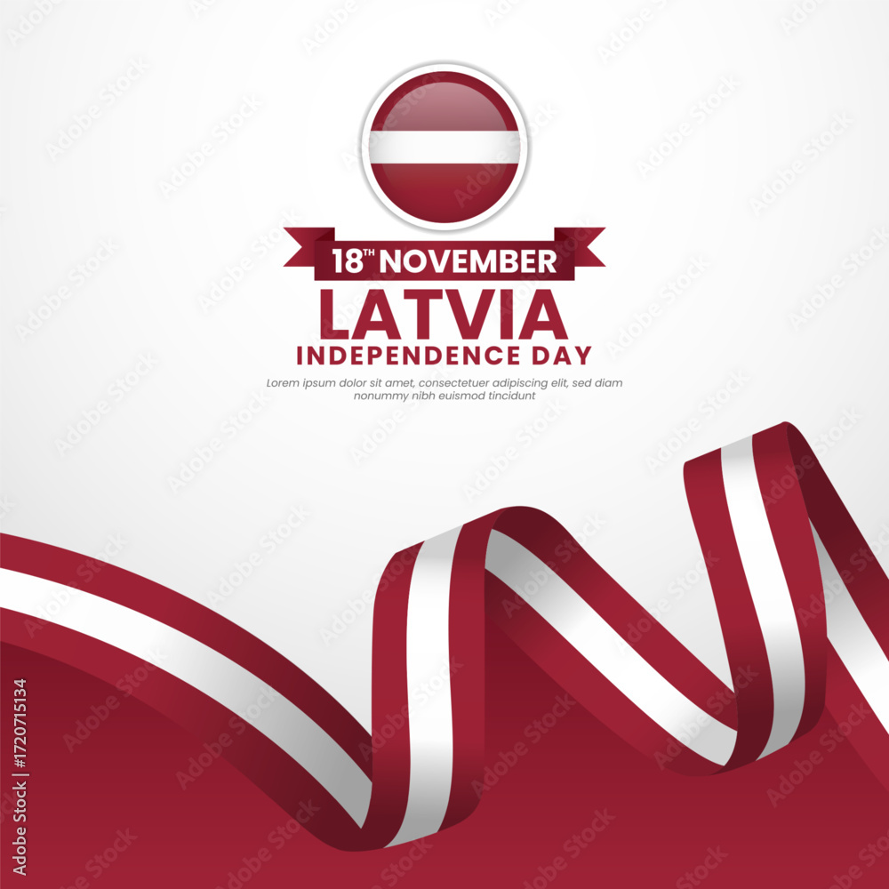 Obraz premium Latvia independence day greeting card, square banner background with warving ribbon flag