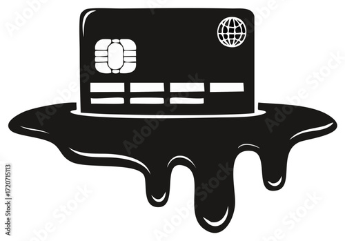 Black credit card with chip and international globe icon melting and dripping into liquid symbolizing financial crisis and economic debt vulnerability