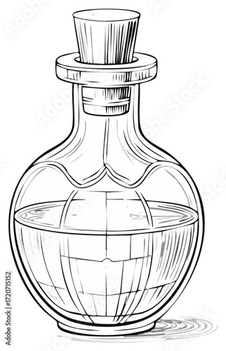 Antique glass potion bottle with cork stopper and liquid inside illustration