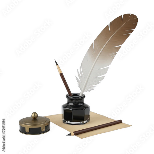 Quill, Inkwell, and Pencil on Aged Paper