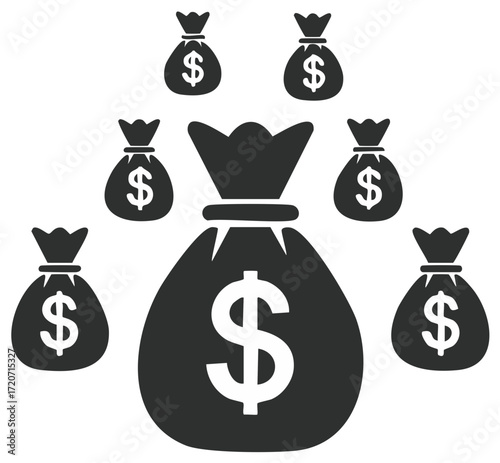 Multiple money bags with dollar signs illustrate wealth and financial abundance