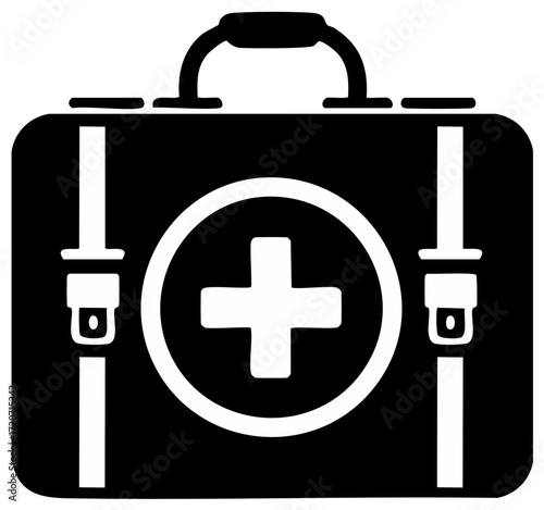 First aid kit in a black and white symbol with medical cross