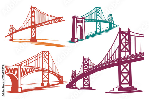 set of Bridge over river silhouette vector isolated on white background