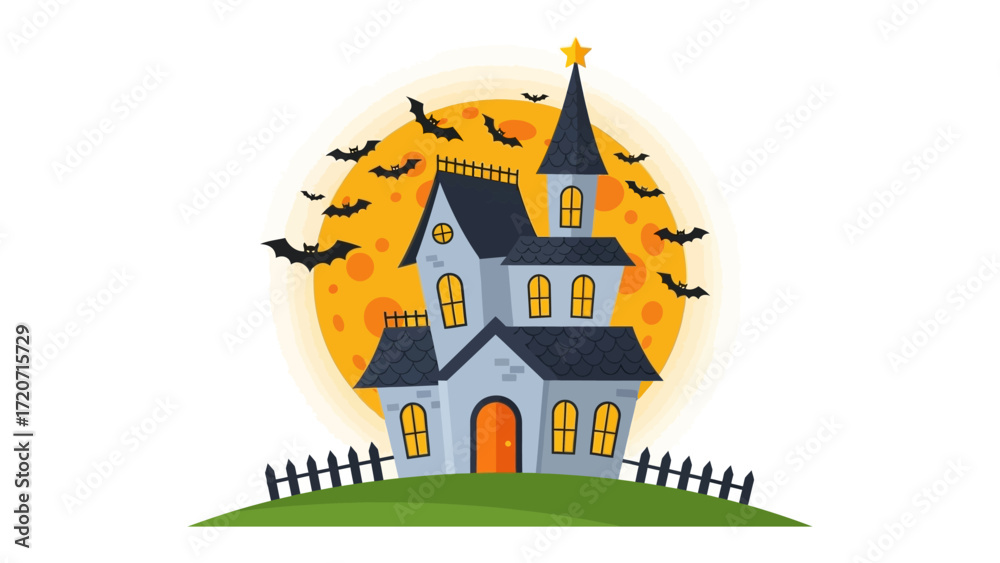 custom made wallpaper toronto digitalSpooky Mansion in Moonlight: An illustrated haunted house stands silhouetted against a giant orange moon, with bats swirling around the ominous spire of the house, setting a chilling.