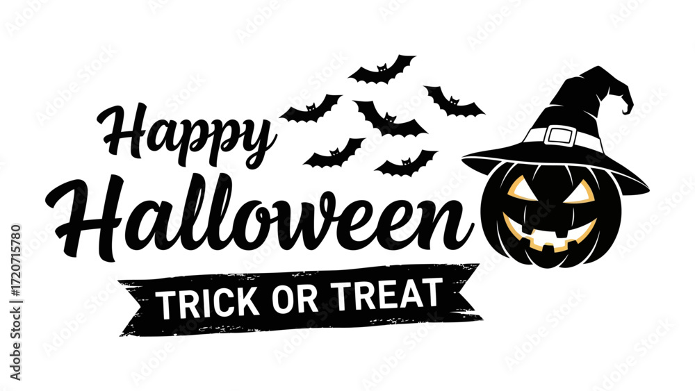 Fototapeta premium Happy Halloween Illustration: A whimsical and festive Halloween illustration, featuring a carved pumpkin wearing a witch hat, along with bats in flight and the text Happy Halloween and Trick or Treat.