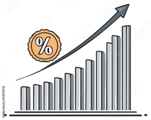 Hand drawn bar graph with rising arrow and percentage coin symbol indicating financial growth