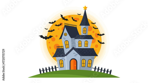 Spooky Mansion in Moonlight: An illustrated haunted house stands silhouetted against a giant orange moon, with bats swirling around the ominous spire of the house, setting a chilling.