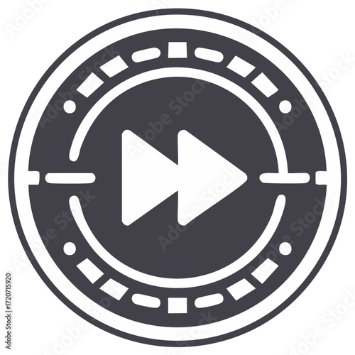 Circular graphic with fast forward symbol in dark grey